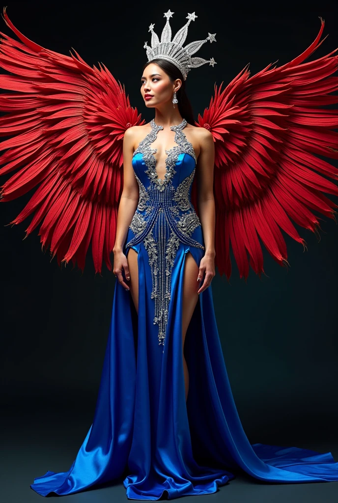 Miss costume inspired by Puerto Rico , with white and silver rhinestones on the neckline , with a royal blue tail a crown with star-shaped diamonds red peacock wings red knee-high heels