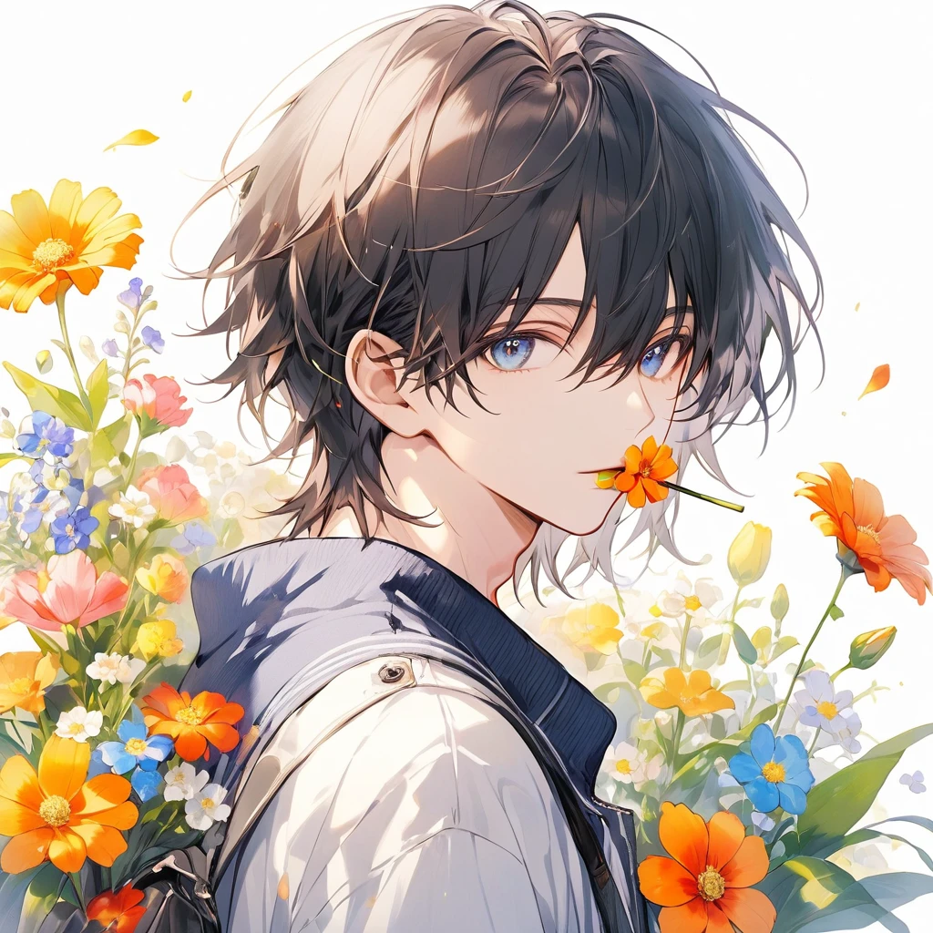 male, man, Very short hair, flower in mouth, casual clothes, Charming and cute, looking at the viewer, front, colorful, Long hair, lots of flowers,