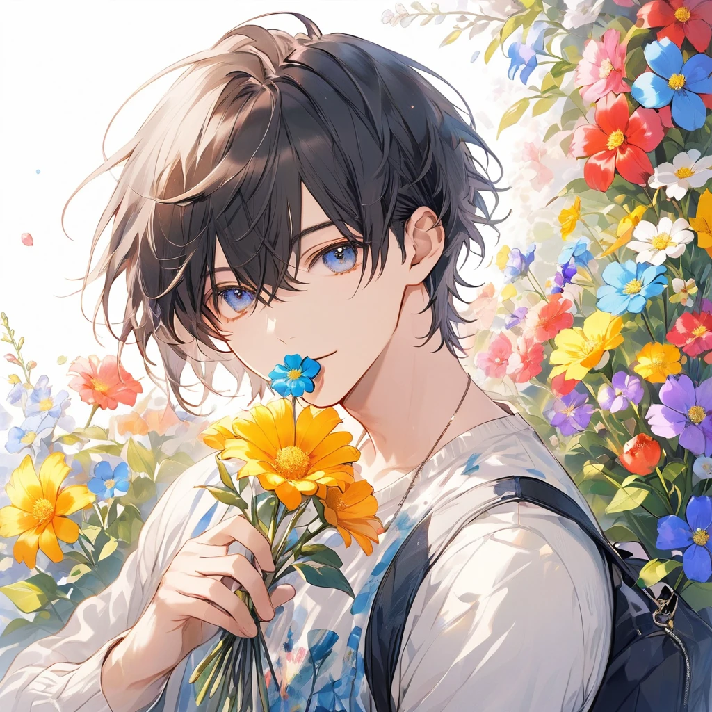 male, man, Very short hair, flower in mouth, casual clothes, Charming and cute, looking at the viewer, front, colorful, Long hair, lots of flowers,