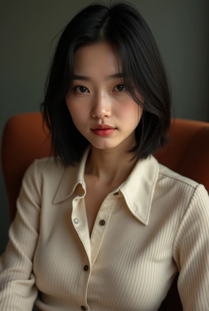 Realistic portrait of a non-Oriental woman, 33 years old, beautiful, young and empathetic appearance, with straight hair in a medium black rounded cut, hair a little disheveled naturally, detailed black eyes, nose, and lips, wearing an off-white ribbed blouse with a modern collar, sitting in an armchair in a studio setup (best quality,4K,,high resolution,artwork:1.2),Ultra-detailed,(realistic,photorealistic,photo realistic:1.37),HDR,studio lighting,extremely detailed face and body, Portrait,cinematic lighting,dramatic lighting,warm color tones,dramatic colors