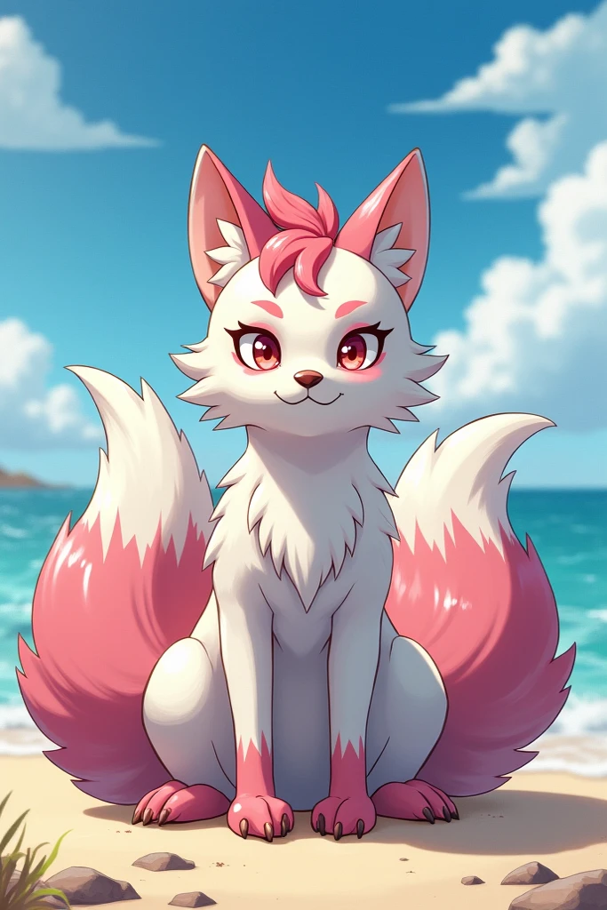 furry female anthro, fox girl, white body fur, Pink hair, paws whit three toes, fucking sister, topless bikini, flat chest, small breasts, showing nipples, detailed body fur, detailed body, detailed face, detailed eyes, glistering body, shiny body, skinny, :3, multi females,, body fur, (best quality), detailed beach, clear sky, full body, cinematic lighting, looking at viewer, anime style,