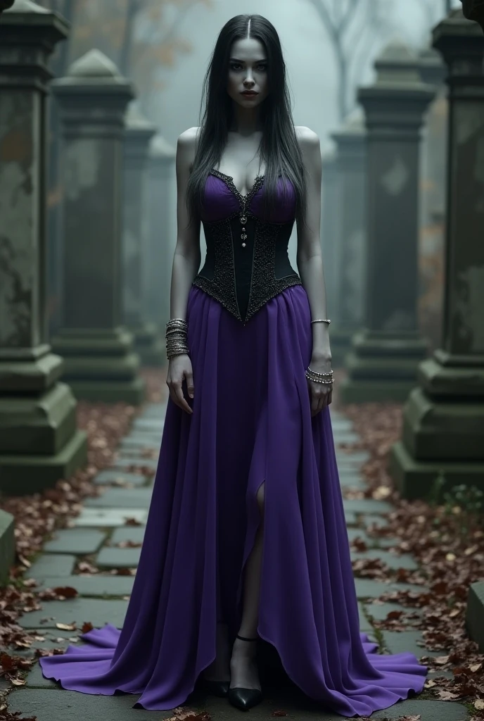 Beautiful gypsy; long black hair; wearing a purple and black dress; barefoot; laughing; cemetery scene in the background