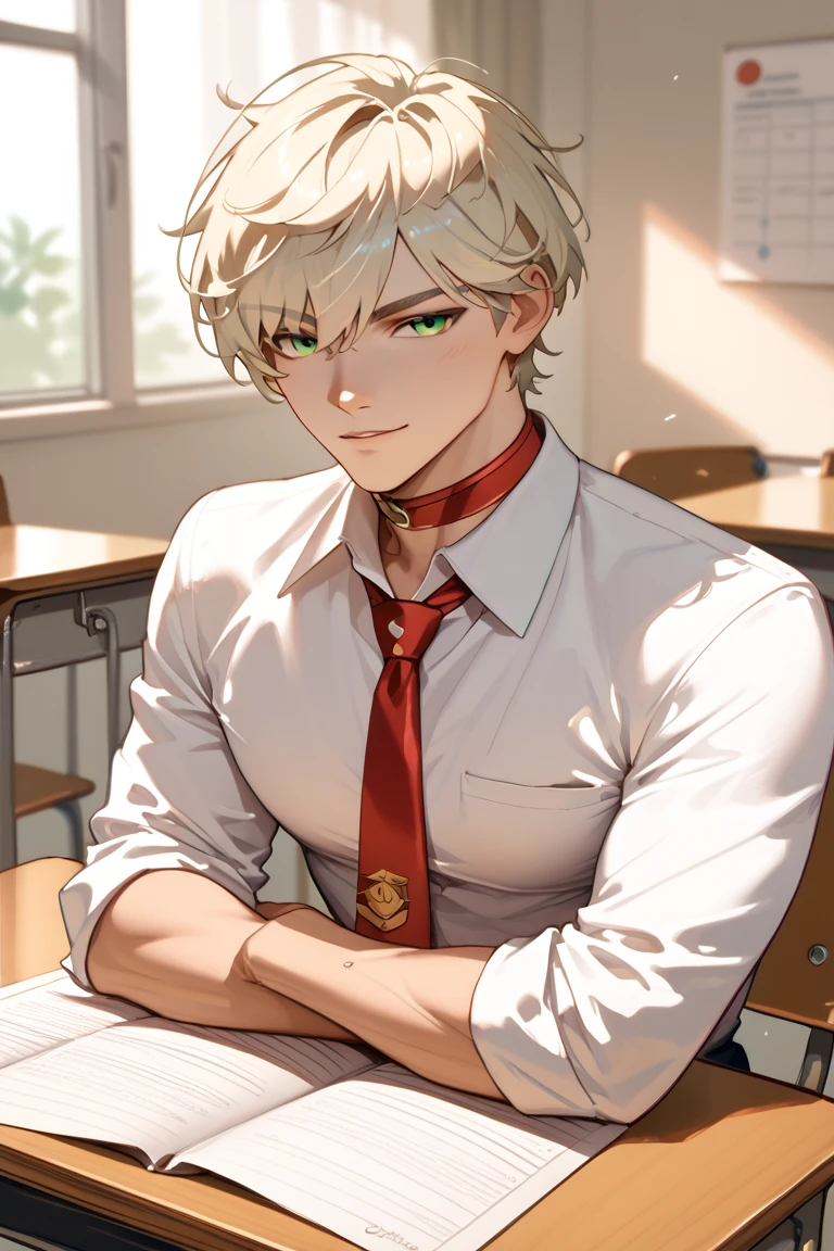 Anime. Handsome man, short white hair, with a mole under his right eye, wearing a school uniform, light green eyes, white skin, sitting on a desk.