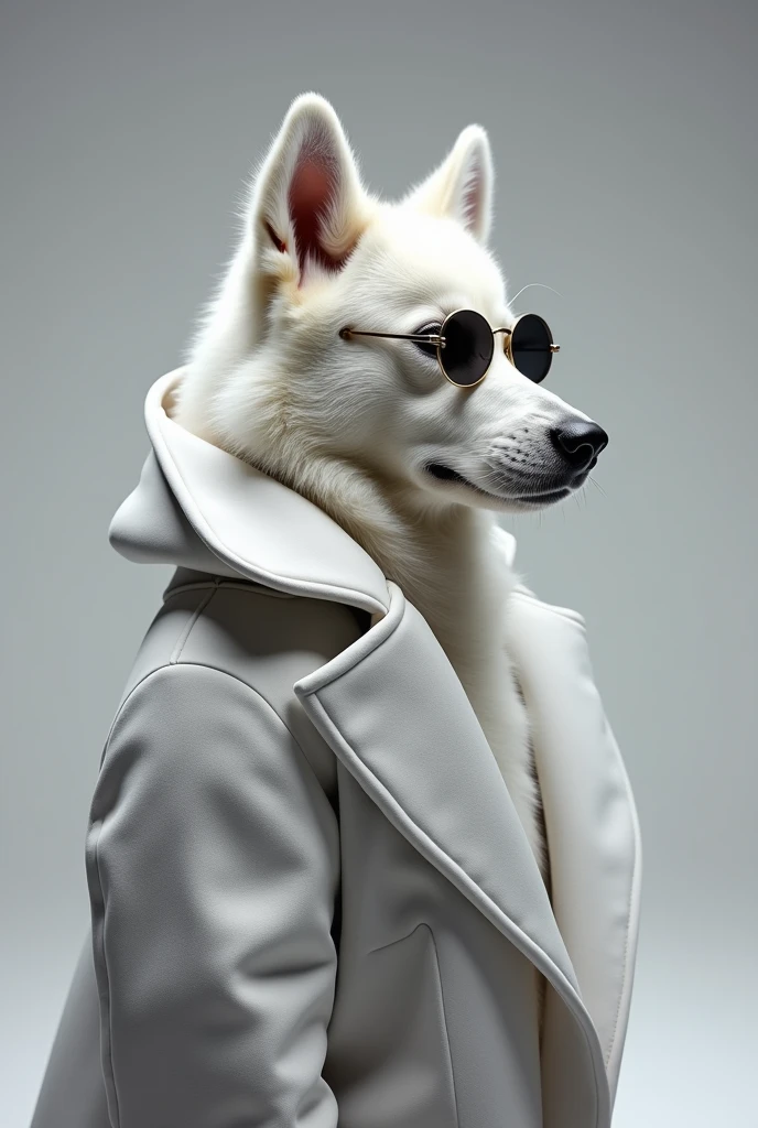 The best cell phone wallpaper, Award-Winning Wallpaper, portrait photography, In the front view is a portrait of a white Siberian Husky wearing modern Haute couture fashion, Side view photo, Shot with Canon EOS R5, Set a strong contrast that accentuates the subject, Fluorescent grey tone, Wearing a very modern coat and sunglasses, Clothes all in one color, beautiful background