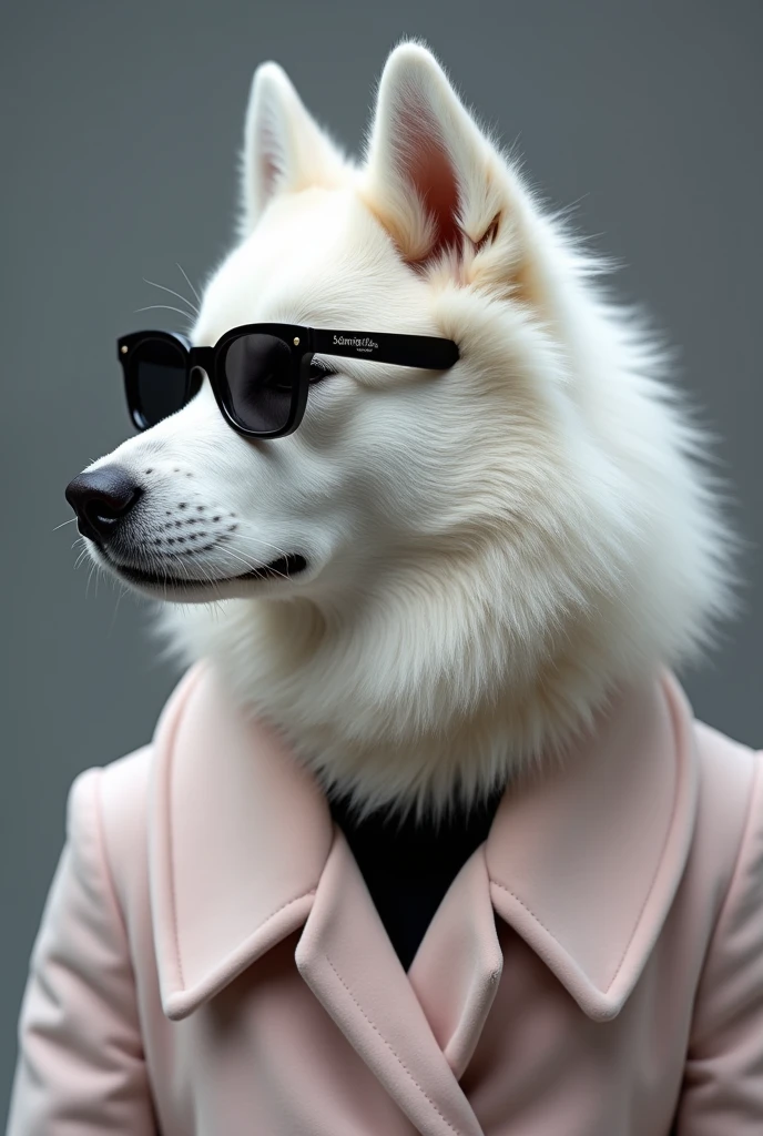 The best cell phone wallpaper, Award-Winning Wallpaper, portrait photography, In the front view is a portrait of a white Siberian Husky wearing modern Haute couture fashion, Side view photo, Shot with Canon EOS R5, Set a strong contrast that accentuates the subject, Fluorescent grey tone, Wearing a very modern coat and sunglasses, Clothes all in one color, beautiful background