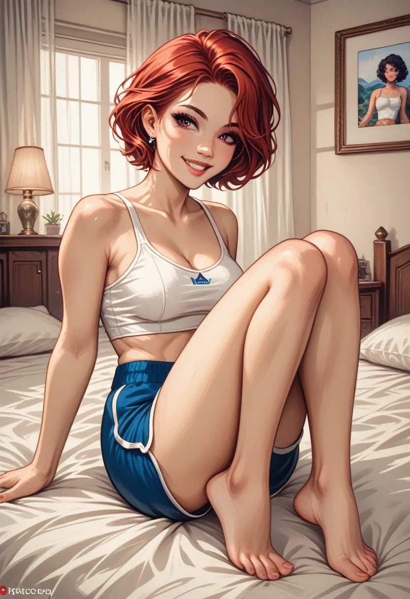 a woman, striking appearance  .  Pixie short red hair ,smile,pale skin.Pointy nose,  Show my curves photo of her dressed in white top and blue dolphin shorts ,   pov photo for Instagram  . She is sitting,   You can see her body  , barefoot , feet on the bed  .   Powerful thighs capable of squashing  .
(until), (  best quality  ), ( ultra detailed ),  beautifully detailed eyes , delicate beauty, (bright),   best lighting,   best shadows  ,