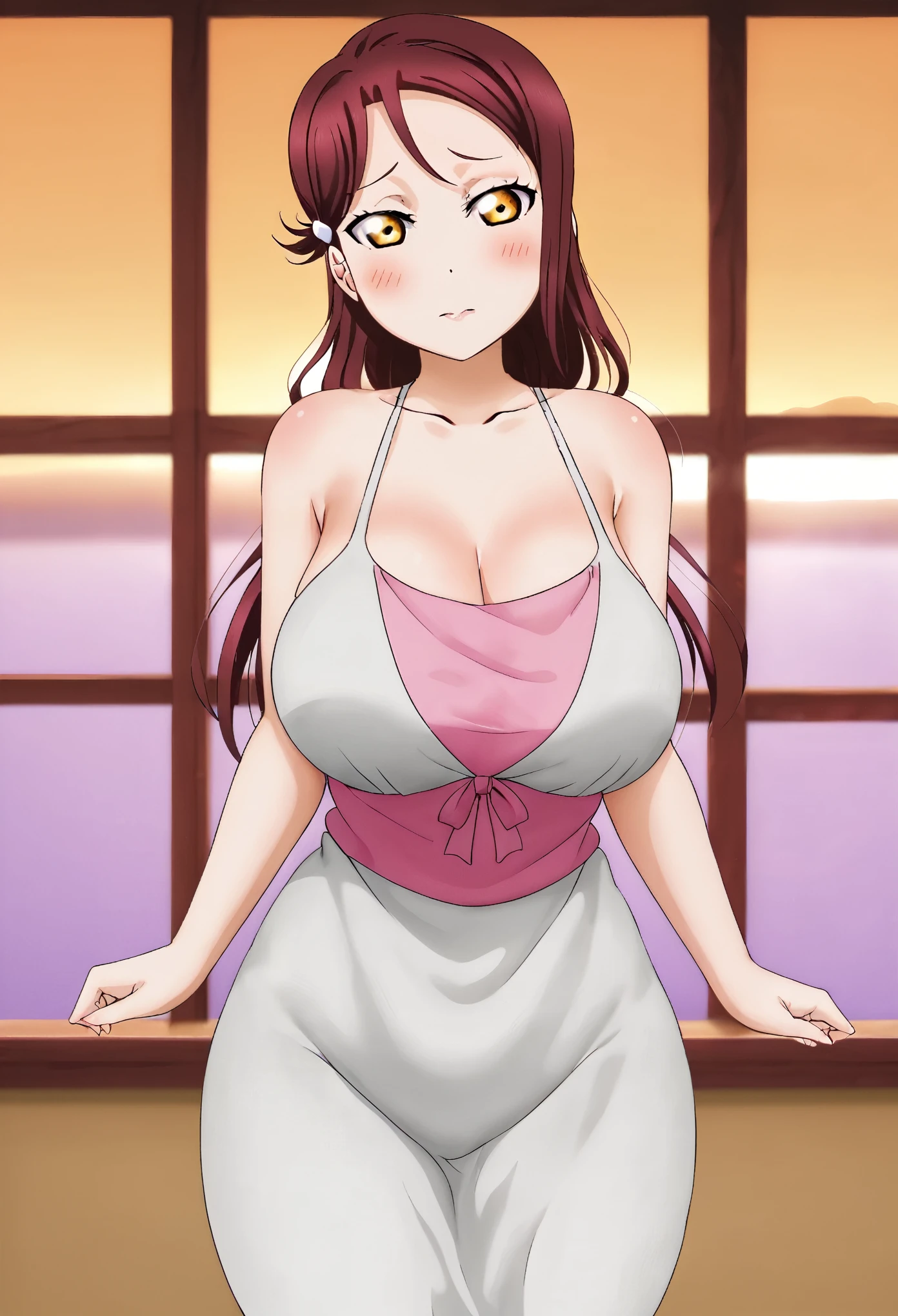 Sakurauchi Riko, beautiful , Blushing, HENTAI , collarbone,red sunset, seductive , yellow eyes , love live,big breasts ,Elijahzx art style, cowboy shot,