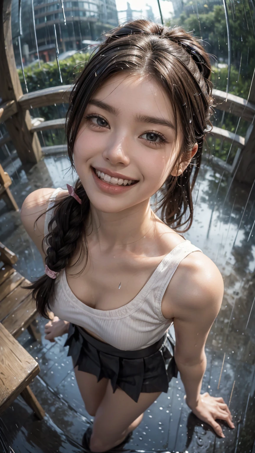 Highest quality, masterpiece, Ultra-high resolution,8k,((Toothy smiling portrait:1.4)), (Realistic:1.6),((Rainy weather:1.4)), ((A radiant smile)), RAW Photos,((Stylish patterned sleeveless shirt and pleated )),((Soft looking )),((Full body photo)),1 person,2 adult women,(Full of smiles:1.6)) ,((Ponytail and hair tie)),((Ribbon in hair)),((Looking up at the audience)),Face Focus:1.4,((Photographed from above with a fisheye lens:1.15)),