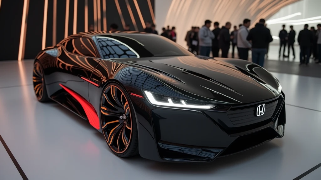 Create an image of a futuristic 2025 Honda Prelude displayed at an auto show. The car should have a sleek, shiny black body with bright red accent lines outlining its design, including the headlights and bumper. The headlights are large, round, and have a modern, glowing ring design. The wheels should be stylish with gold accents, matching the black accents on the body.