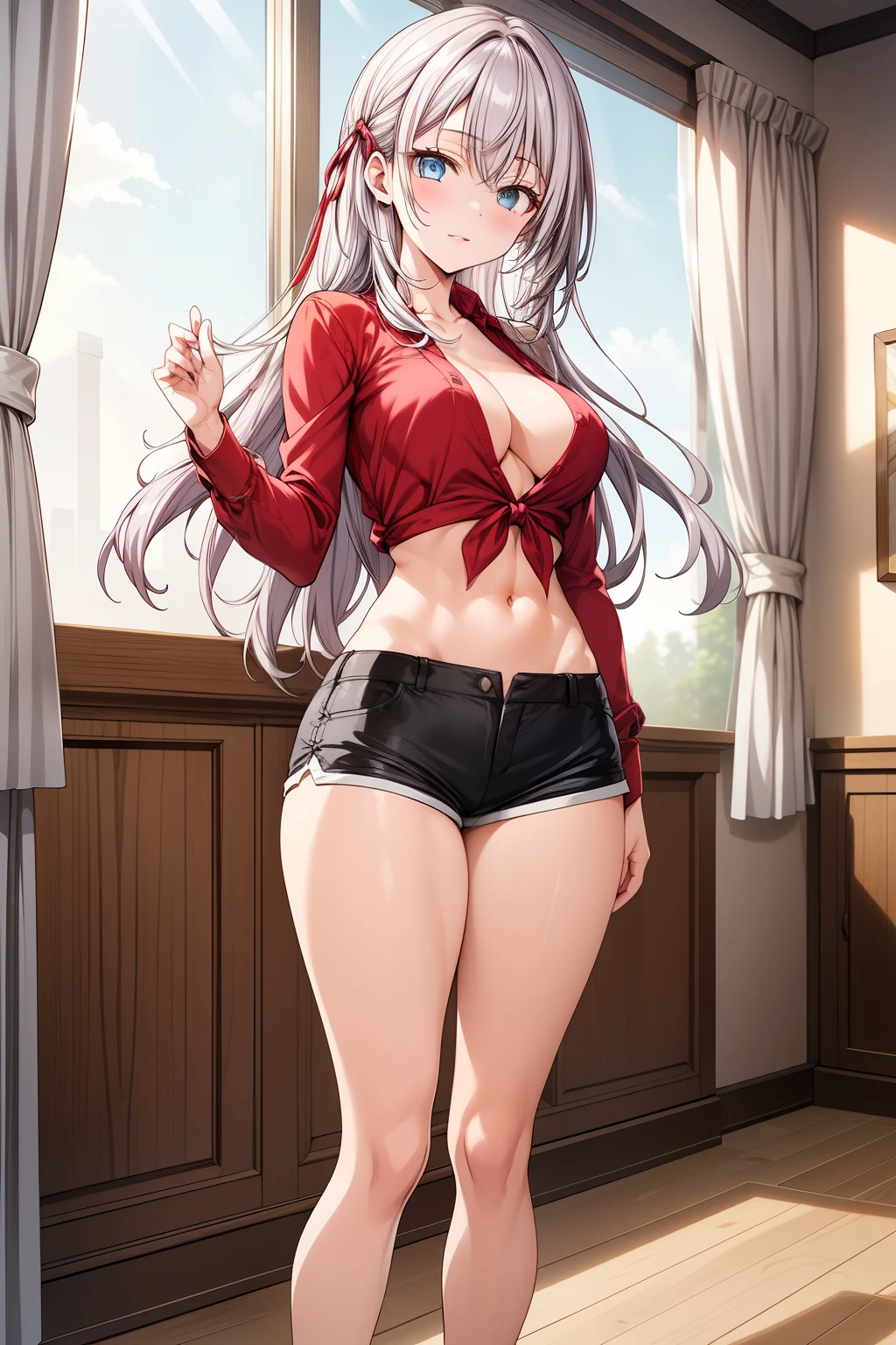 (Masterpiece), (best quality), (solo:1.7), (full body), (facing the viewer), Alisa Kujou, an anime girl with (22 years old:1.1), (beautiful character design:1.4), posing casually inside her cozy apartment during sunset. Alisa has long white hair that cascades gracefully over her shoulders, her blue eyes reflecting the warm, golden hues of the setting sun filtering through the windows.

She is wearing a (short red shirt:1.3) that fits loosely, exposing a hint of her midriff for a comfortable, at-home look. Her (narrow waist:1.3) and (toned legs:1.4) are highlighted by her (unbuttoned short shorts:1.4), which fit snugly around her thighs, giving her a relaxed appearance as if she’s winding down after a long day. The (slender thighs:1.2) and (shapely hips:1.3) are naturally accentuated by the fit of her casual outfit.

Alisa leans casually against a wooden table, her expression relaxed, with a slight smile on her lips. The soft, golden light from the setting sun streams through large windows, creating a beautiful contrast with her fair skin and snow-white hair. The apartment has a chic, modern design with cozy decor, exuding warmth and comfort.

The ambient lighting highlights the details of her outfit and her delicate facial features, while the background maintains a (soft bokeh effect:1.2) to keep the focus on her. The scene feels intimate and tranquil, with a touch of movement as her hair and loose clothing respond to a gentle breeze from an open window, enhancing the sense of ease in her home environment.