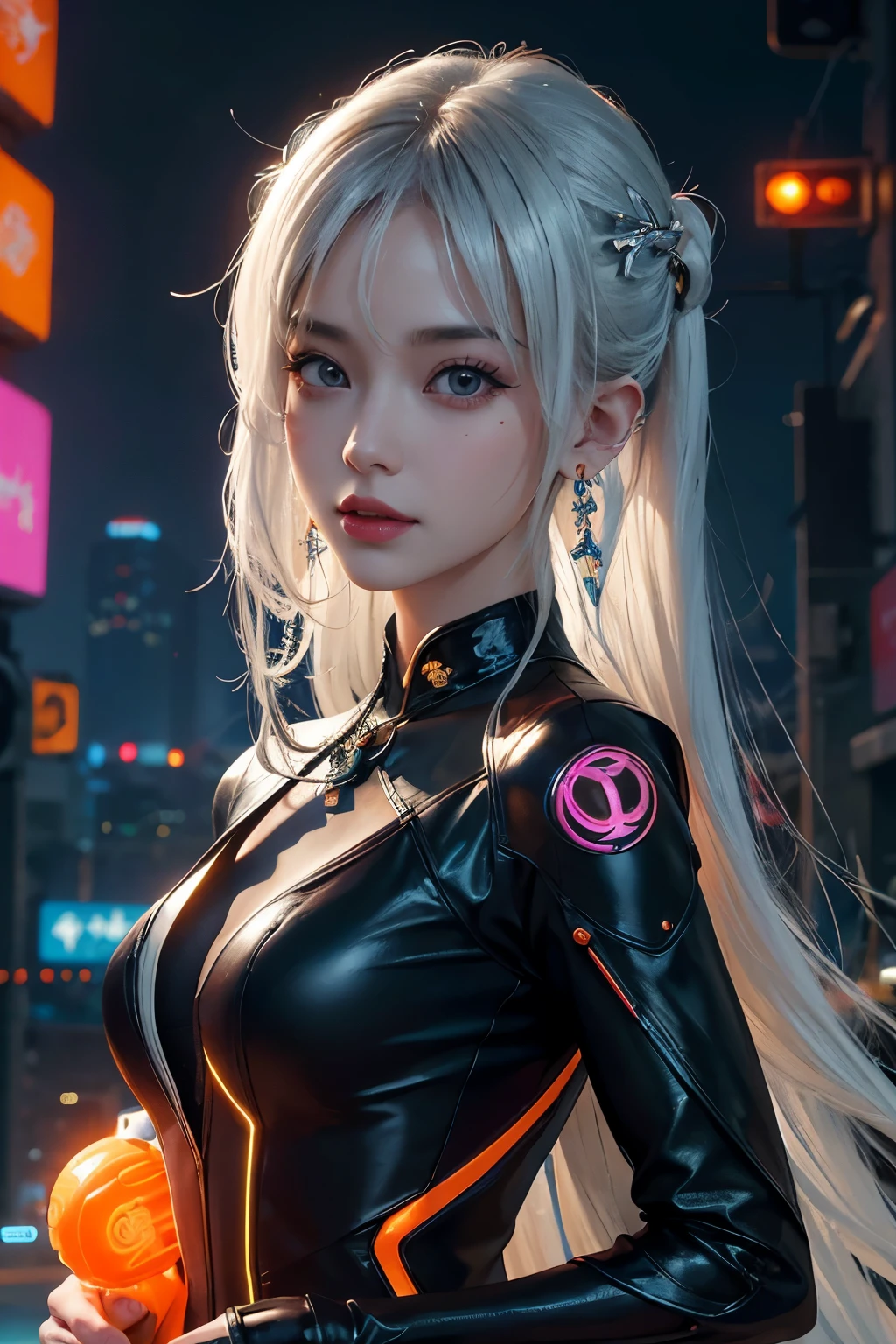 A silver-haired woman sits on the wall, anime cyberpunk art, cyberpunk anime art, female cyberpunk anime girl, cyberpunk anime girl, Fantastic cyberpunk girl, cyber punk Girl, anime cyberpunk, cyberpunk beautiful girl, Digital cyberpunk anime art, a teen cyberpunk cyborg, neonpunk, Miss Seiburg, high quality cyberpunk art, Anime cyberpunk moderno,machine arm, Solve the problem correctly,Luminous headdress, Sexy sci-fi set,Intricate garment details,Bioluminescence system,perfect bodies,Feminine expression,Ray traching,NVIDIA RTX,Hyper-Resolution,Unreal 5,sub surface scattering,PBR Texture,Post-processing,Anisotropic filtering,depth of fields,Maximum clarity and sharpness,Many-Layer Textures,Albedo e mapas Speculares, Surface coloring,Accurate simulation of photo-material interactions,perfectly proportions,rendering by octane,twotonelighting,Low ISO,White balance,trichotomy,largeaperture,8K original,High-Efficiency Sub-Pixel,filmgrain,Luminous Particle,facing at camera,looking toward the viewer,Golden section,8 k hd wallpaper。