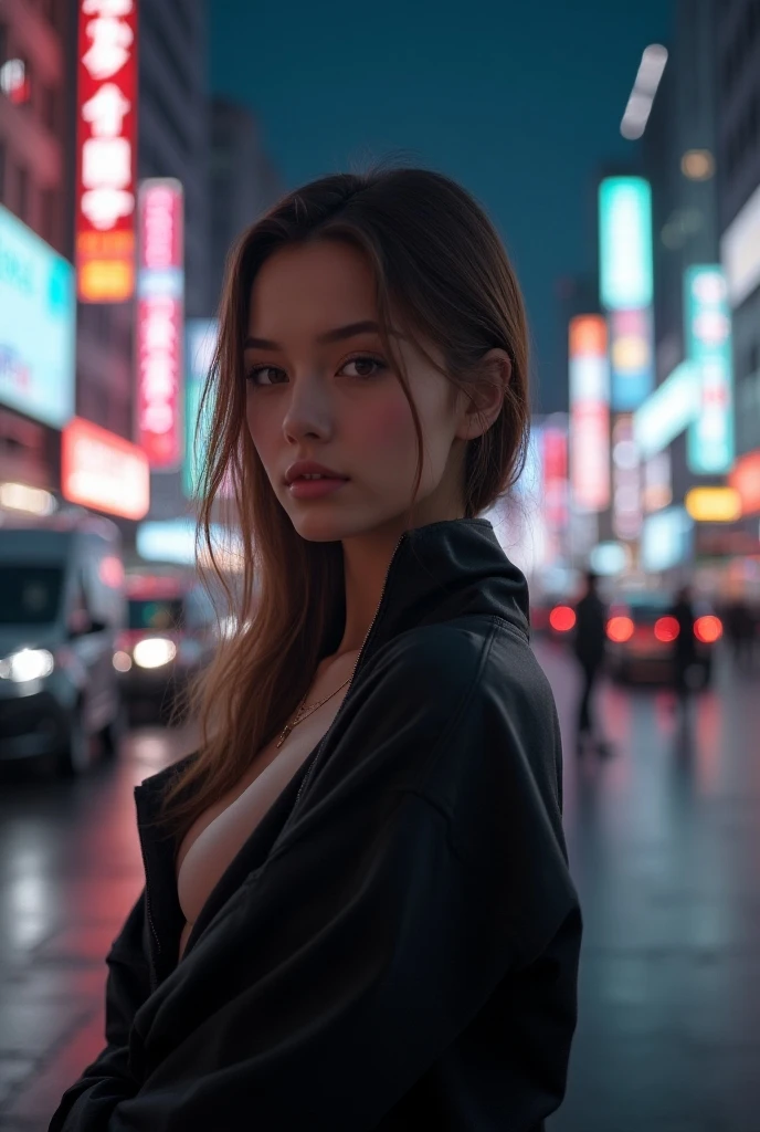Future city at night[cyber punk、neon light]Young beautiful woman in(1 girl)The highest quality of、High resolution realistic cowboy shots、Wearing a sleek black leather jacket、Has a high tech laser gun、 The cityscape is dominated by towering skyscrapers、holographic advertising、It&#39;s filled with flying vehicles.、Women&#39;s eyes are intense and captivating、Glowing with subtle cybernetic enhancements、Adds a touch of mystery to her look、 Her expertly styled hair flutters in the wind、Futuristic silver stripes frame the face、The overall color scheme of the image is dominated by bright neon colors.、Electric Blue、neon pink、The bright green creates a striking contrast against the dark city backdrop.、 The scene is、Surrounded by atmospheric lighting reflecting off the wet streets、Add depth and atmosphere to your images、 The level of detail in the artwork is exceptional.、complex texture、realistic reflection、Thin lines bring the world of cyberpunk to life、 The composition of the images focuses on the wo dynamic pose、It conveys her confidence and determination as a skilled bounty hunter navigating a futuristic urban environment.、The images are rendered in a cinematic style.、A subtle film grain effect enhances the gritty, futuristic feel、 The theme of cyberpunk is、This is further accentuated by the incorporation of futuristic elements such as floating drones and holographic displays.、Technology and humanity seamlessly blend together、 The overall atmosphere of the artwork is、excited、danger、And with a sensual touch、It captures the essence of the life of a future bounty hunter.、