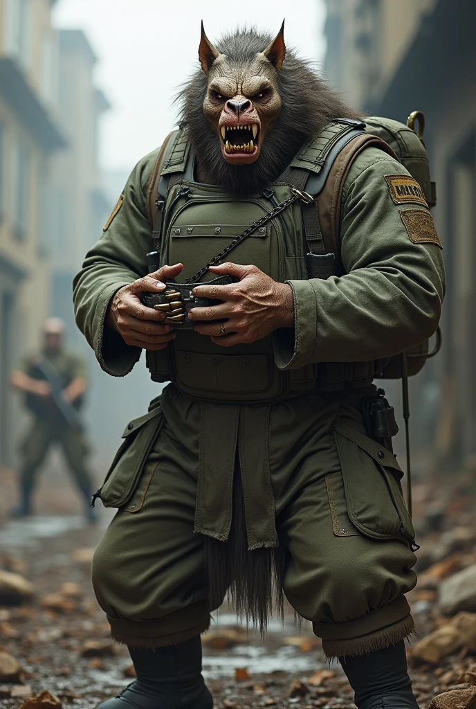 A beastman in the uniform of a Russian soldier in a bulletproof vest , unloading on the belt