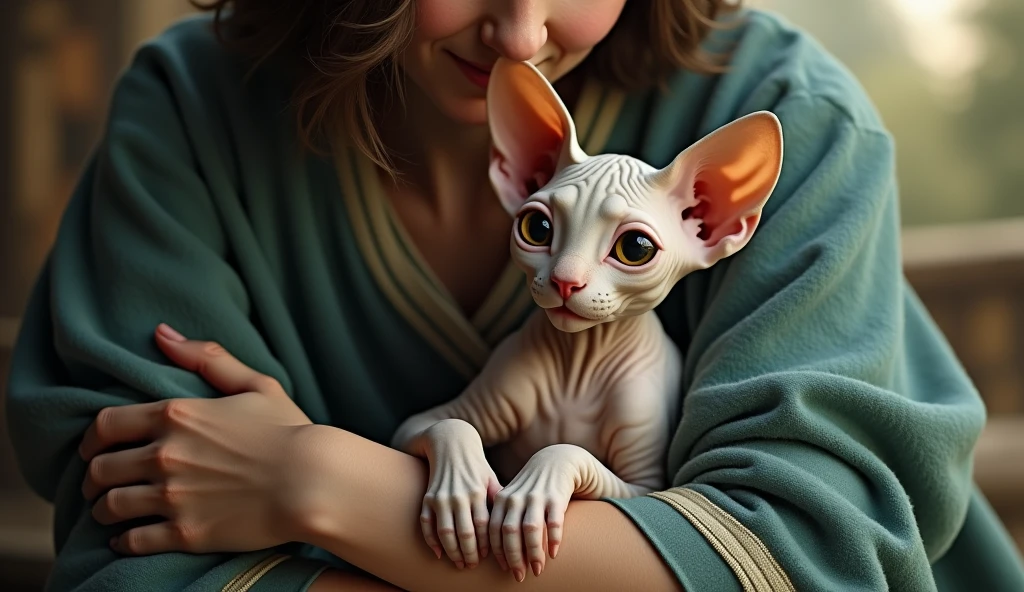 photo. Russia. sphinx , sitting comfortably in human arms, cat with wide-eyed .