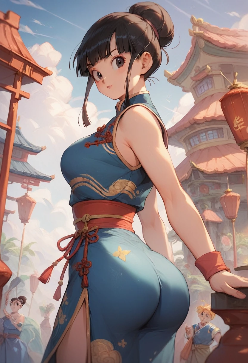 4k, digital drawing, Comic Babes, a woman in a blue dress standing on a balcony overlooking a mountain, cute anime waifu in a beautiful dress, Seductive anime girl, portrait of chun-li, Chun-Li, Yoshitomo Nara, portrait of Chun-Li, Chun-Li, chun-li, anime moe art style, in a blue qipao