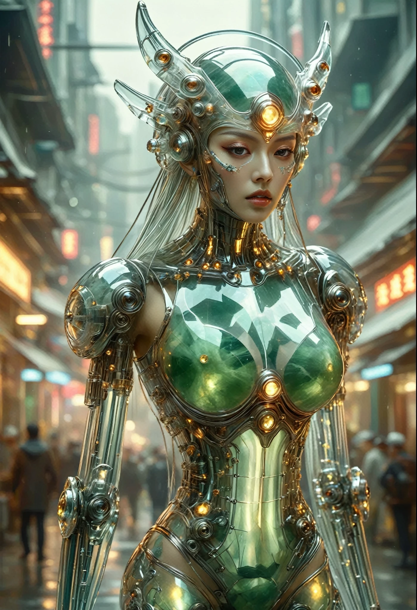 Futuristic native futurism, Actress Zhao Lusi plays the high-level cybernetic cyborg, green Jade cyborg, Bikini, gigantic cleavage breasts:1.5, full body post, beautiful eyes, A beautiful young woman like Pan Jinlian, wear shorts and a hat walk street, the Japanese goddess of war, sexy body, sensuality, Artistic details, Cyberpunk Chinese mythology, Epic science fiction fantasy, Centered, In the style of Nick Alm's fantasy futuristic fantasy works, Dark prism, Dark, Metal composition, symmetrical arrangements, Iridescent metallic , distinctive noses, Ethereal, Blood splattered multicolored, eye-catching metallic compositions, Symmetrical geometry, distinctive noses, gothic references, With bold lines and black stripes, White, Red, Gold and silver, Fantasy science fiction art, a detailed painting, ,Alex Alemanni merges with Carol Barker