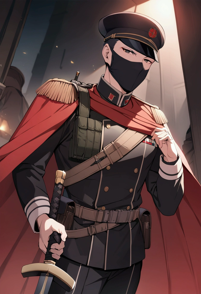 (High Definition:1.3), (Professional Photography:1.2), (very aesthetic:1.2), (absurdres:1.2), (sharp focus), (perfect light),1boy, assassin, red_cape, imperial_german_army, military_uniform, sword, weapon_on_back, sword_on_back ((Masterpiece)), ((best quality)), (super detail:1.2)