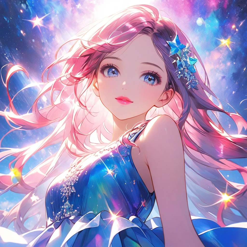 Charming and cute, looking at the viewer, front, colorful, Long hair, lots of stardust, dresses, makeup, pink lips, Light pours down, View from below,