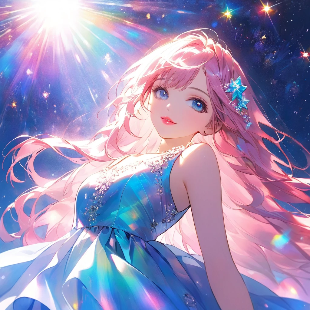 Charming and cute, looking at the viewer, front, colorful, Long hair, lots of stardust, dresses, makeup, pink lips, Light pours down, View from below,