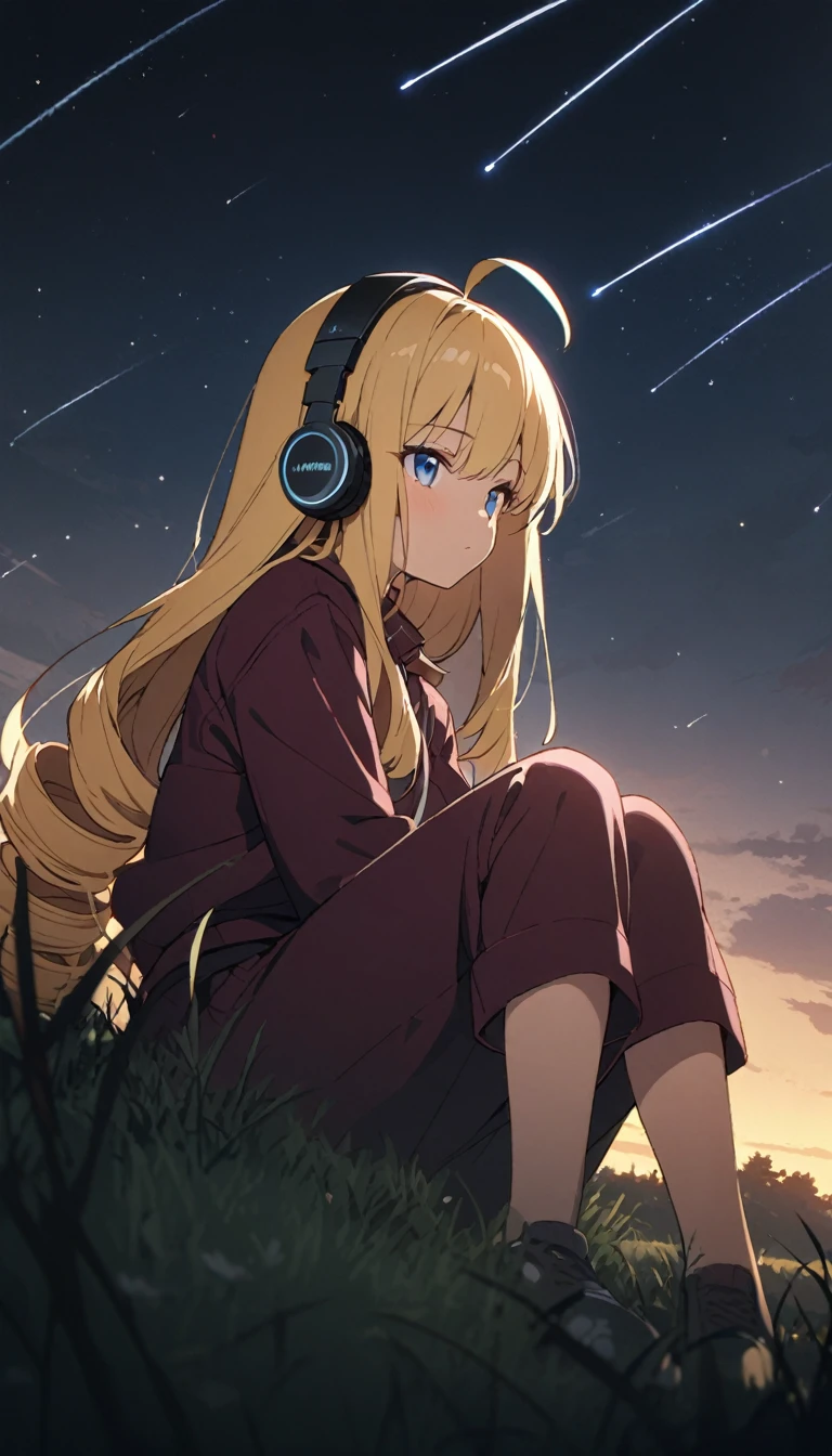 woman、blonde、Long Hair、Drill Hair、Ahoge、 blue eyes、slant eyes, narrow eyes、 Maroon Sportswear 、 Maroon Sportswear のパンツ、 black headphones 、sit、in the grassland, with shooting stars, at night、anime、Illustration、 best quality、 masterpiece、詳細な描写, Best Hand