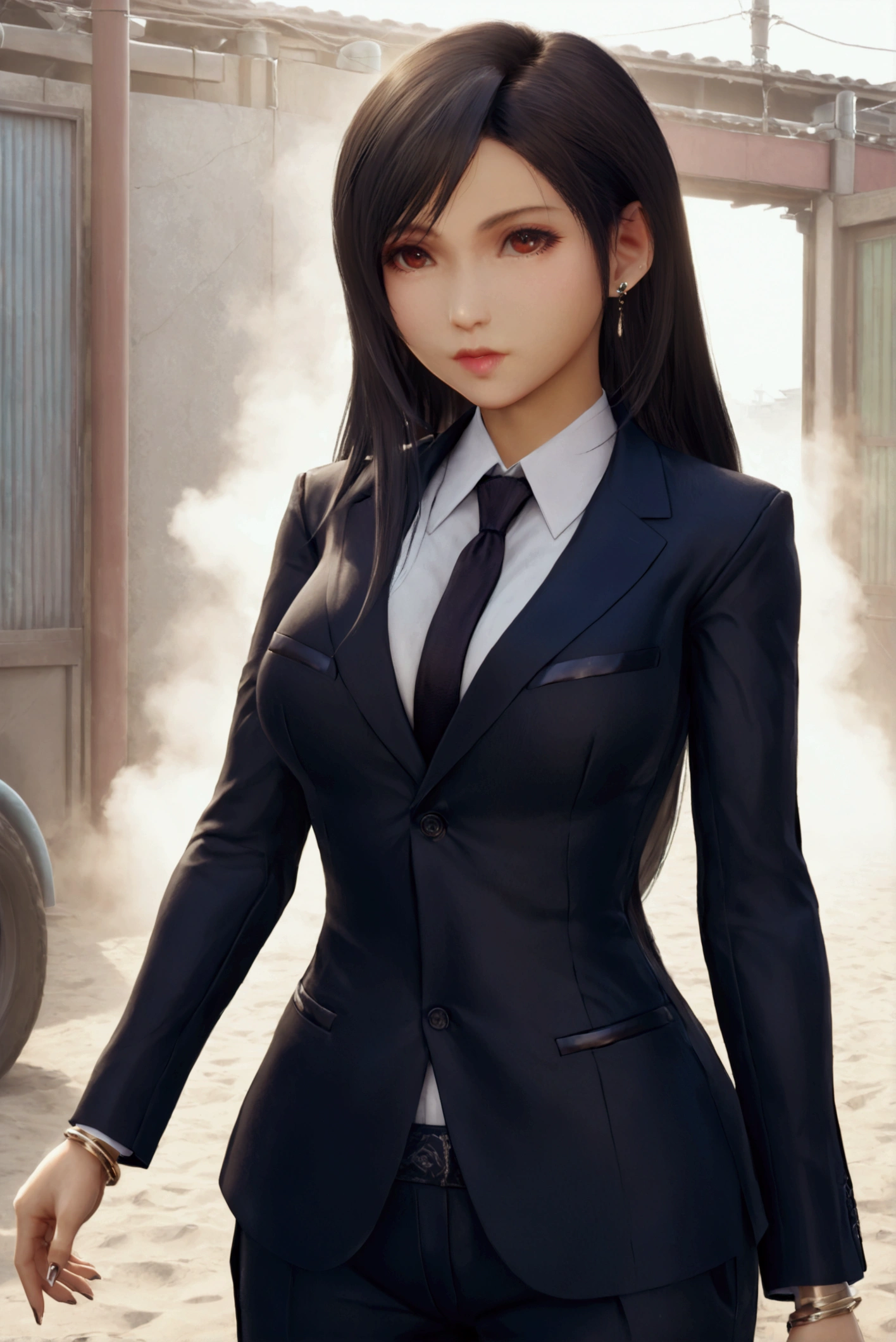 Create an image of the most stunningly gorgeous beautiful feminine young Korean yakuza, Korean yakuza tattoos, long flowing black hair, light makeup, lip gloss, stunningly gorgeous beautiful feminine face, perfect hour glass body figure, perfect breast, suit pants, open suit jacket,