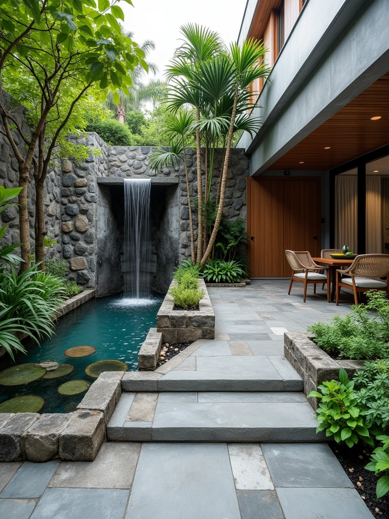 a place inside a house that has a small waterfall with a small lake and next to it a planter with a space with furniture the waterfall is a corner on the left side and high and on the other side is the small garden with a place for furniture without stones everything is tiled