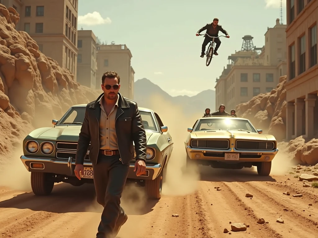 jumping chase in the style of Mad Max on cars from GTA, on the left, Max Payne , top right attacking assassin's Creed