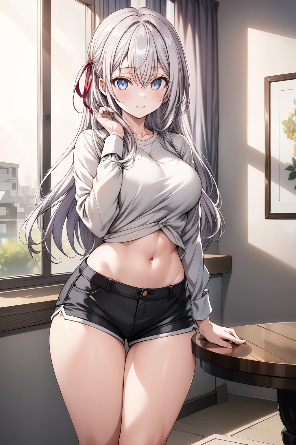 "(Masterpiece), (best quality), (solo:1.7), (full body), (facing the viewer), Alisa Kujou, an anime girl with (22 years old:1.1), (beautiful character design:1.4), posing elegantly inside her apartment at sunset. Alisa has long white hair that flows gracefully, her blue eyes shining brightly as they reflect the warm tones of the setting sun filtering through the windows.

She is wearing a (red low-cut shirt:1.3) that highlights her figure, showing off her (narrow waist:1.3) and (toned legs:1.4) thanks to the (short shorts:1.4) that fit her casual style. Her (slender thighs:1.2) and (shapely hips:1.3) are subtly accentuated by her outfit, complementing her silhouette in a natural way.

Alisa is leaning casually against a wooden table in her cozy apartment, her relaxed smile brightening the room. The golden light of the late afternoon sun pours through large windows, casting a soft, warm glow that beautifully contrasts with her fair skin and white hair. The apartment has a chic and modern decor, with elegant furniture and a cozy atmosphere.

The warm, soft lighting emphasizes the details of her outfit and facial features, while the background remains slightly blurred (soft bokeh effect:1.2) to focus the attention on her. The scene feels serene and welcoming, with subtle movements, like the soft flutter of her hair and the gentle folds of her clothing, as if a light breeze were coming through the open window."