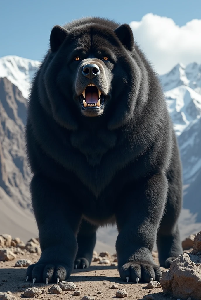 I want you to make a realistic Tibetan mastiff with its teeth out, its fur black, its eyes light brown, yellowish