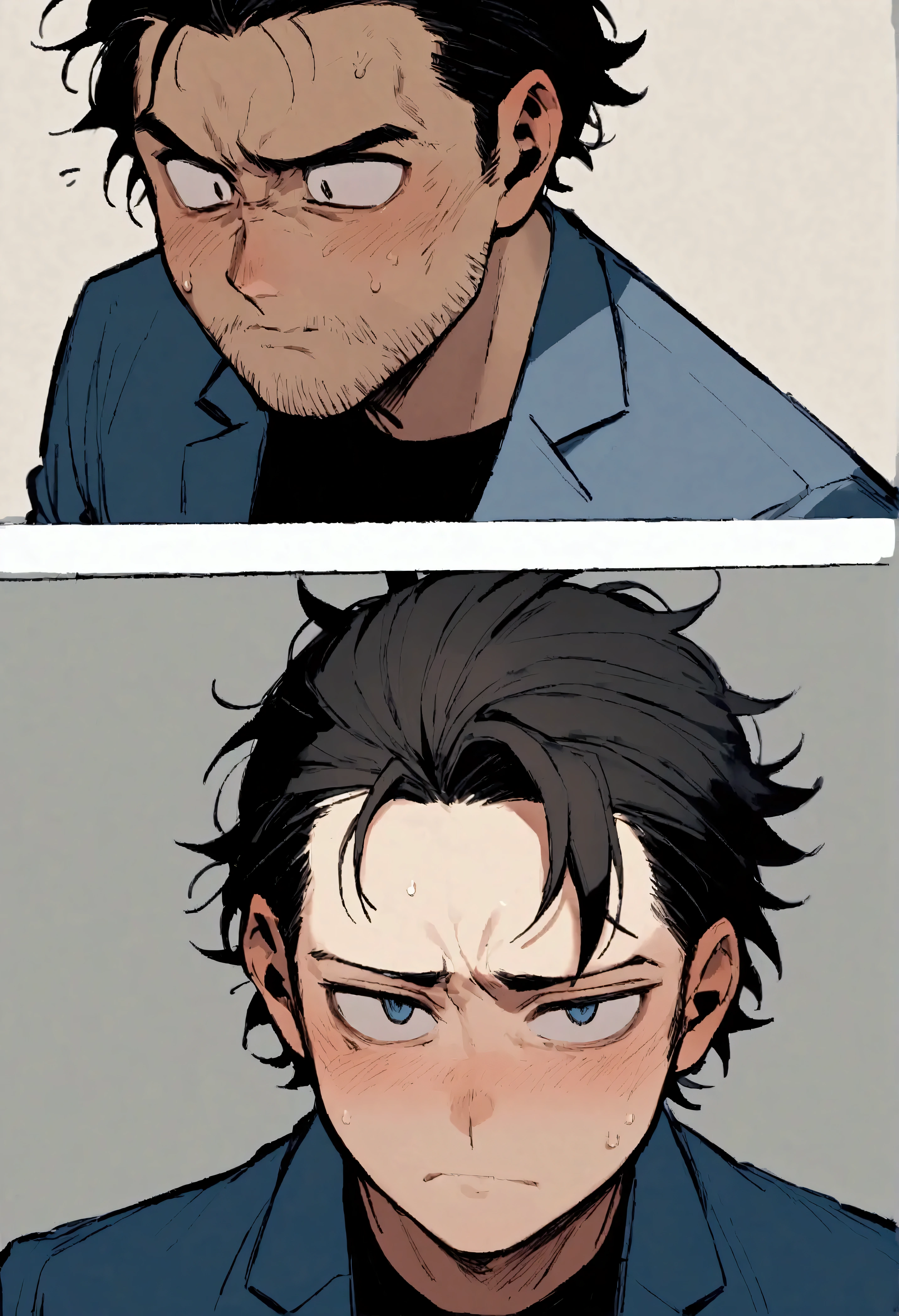 Man with short black hair , messy and also a little short facial hair. A strong blue suit , with a black t-shirt. His expression is serious but shy at the same time .