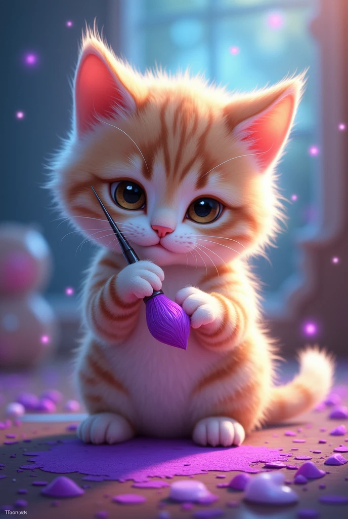 "Create an image of a cute cat , holding a purple brush in its paws . Add 'Neurobrush Hint' below the image. Add some magic and magic to the image !"