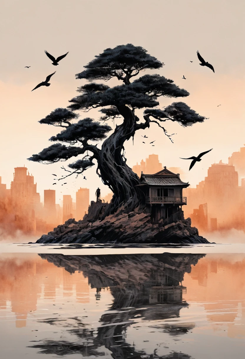 "Inkpunk Serenity" - Title: "The Solitary Flight" is an official 8K ink art masterpiece that encapsulates the essence of the inkpunk genre. A solitary bonsai tree stands tall, a beacon of life amidst the sprawling East Asian-inspired architecture that has been reclaimed by nature. The sunset casts a muted glow across the scene, the fading light bringing out the intricate details of the buildings that once bustled with activity. The solitary bird, its ink-black silhouette stark against the warm backdrop, soars through the air with an elegance that speaks of freedom and resilience. The muted color palette and meticulous attention to detail in the architecture create a sense of history and decay, a world that has moved on from the hands of its creators. The bonsai, a symbol of patience and perseverance, stands as a testament to the enduring spirit that refuses to be extinguished. This single image tells a story of a civilization's rise and fall, the eternal struggle between nature and the constructed world. The composition is balanced and deliberate, each stroke of ink a deliberate choice that adds to the overall narrative. It's a scene that invites contemplation and reflection, a moment of peace in a genre that often embraces chaos and technology.