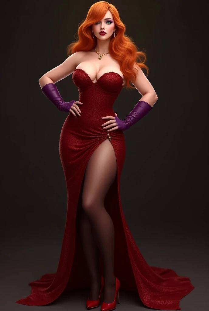 photorealistic, Jessica Rabbit, sparkly red strapless gown, big boobs, sultry, full body,  long purple gloves, sexy --auto --s2