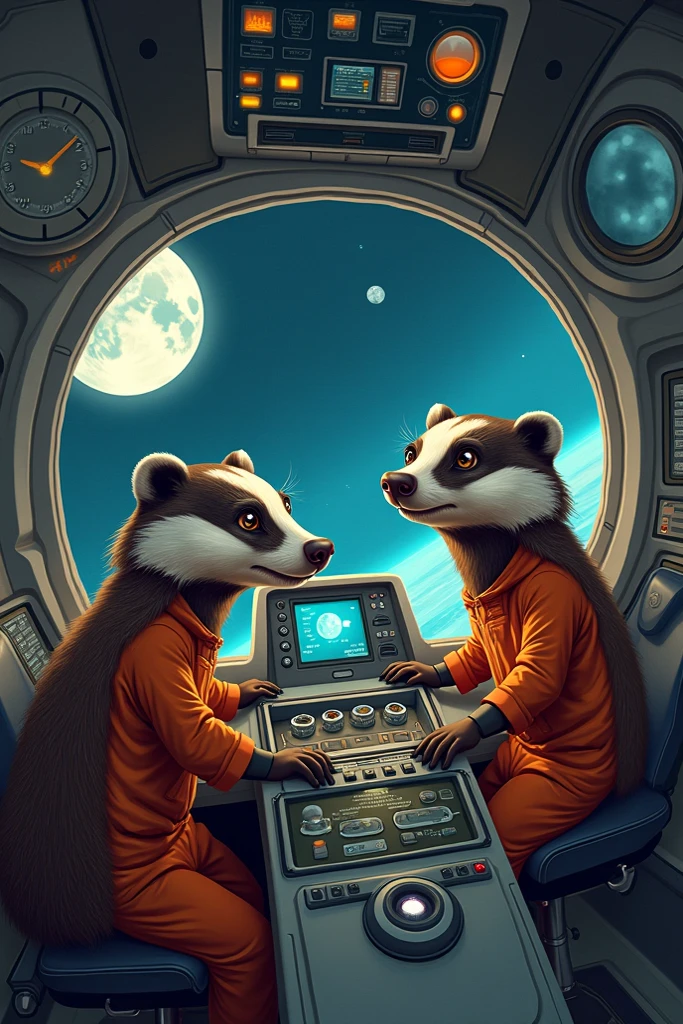 2 blaireaux qui sont aux commandes d'une navette spatiale en direction de la lune. Il y en a un avec des lunettes et une barbe, l'autre qui est plus féminine