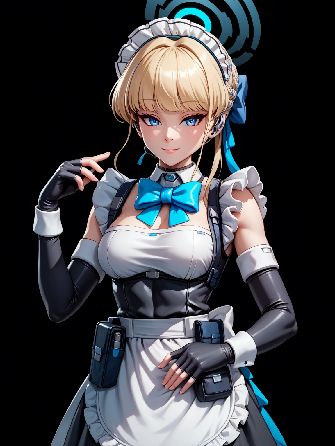 (nsfw),1girl,Alone,sole female,
toki, blonde hair, blue eyes,
hair bun, short hair, halo, apron, belt pouch, black dress, black gloves, blue bow, bow, dress, elbow gloves, fingerless gloves, gloves, halo, long sleeves, maid, maid apron, maid headdress, pouch,breasts,looking at viewer,(smile),((standing,contrapposto)),((from front,front view,cowboy shot)),black background,simple background,BREAK,(Anatomically correct),(ultra detailed),(ultra resolution),(best illustration),(masterpiece),(best quality),(detailed face),(cute eyes),shiny,5 fingers,score_9_up, score_8_up, score_7_up, score_6_up, score_5_up,8K,4K,cinematic lighting,figure,closed mouth