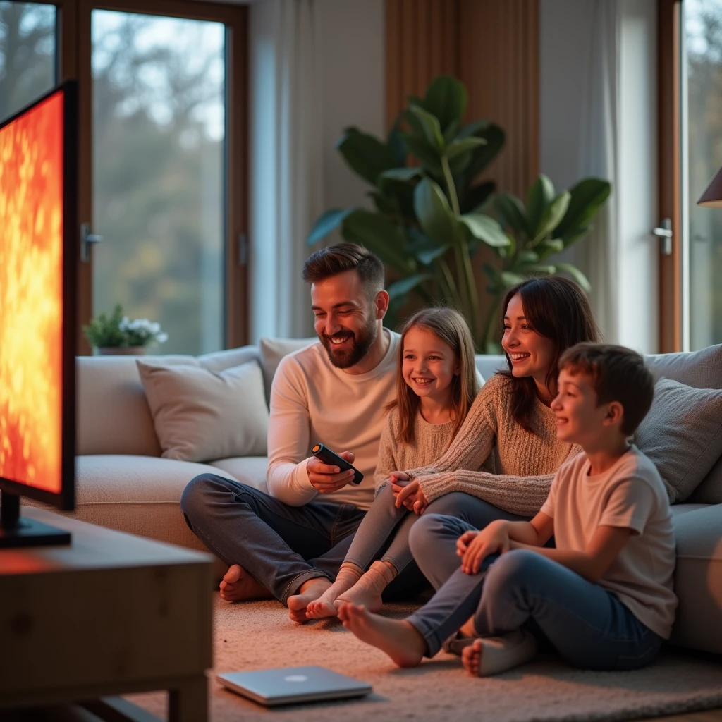 Here’s the modified prompt incorporating your new details:
A high-quality photorealistic image of a warm and modern family setting in a Scandinavian-style living room. The room features a large white couch with textured cushions, a soft gray rug, and large windows letting in natural daylight. The scene captures the family of four members in a cozy and joyful moment as they watch television together.
Father: Sitting on the left side of the couch, holding a TV remote in one hand and smiling warmly. He is dressed in a casual white long-sleeve shirt and blue jeans, facing the television.
Mother: Sitting beside him, leaning affectionately on his shoulder, wearing a soft beige sweater and matching pants. She is also focused on the glowing TV screen, smiling warmly.
Young Daughter: Sitting cross-legged on the rug in front of the couch, wearing a pastel pink t-shirt and leggings. Her eyes are wide with delight as the glow from the TV reflects on her face.
Older Son: Sitting on the right side of the couch, slightly apart, looking at the television with a subtle smile. He is dressed in a casual hoodie and jeans, headphones around his neck, momentarily engaged in the family activity.
The glowing TV screen is positioned at a 3/4 angle or fully to the side, casting a warm and vivid light onto the family and the room. The perspective is taken from the side of the living room, showing the TV’s glow illuminating the family and enhancing the cozy ambiance. A laptop and a tablet rest on a minimalist coffee table in front of the couch, blending modern gadgets with the warm wooden tones of the room’s décor. The scene emphasizes warmth, togetherness, and the joy of family moments in a contemporary setting.