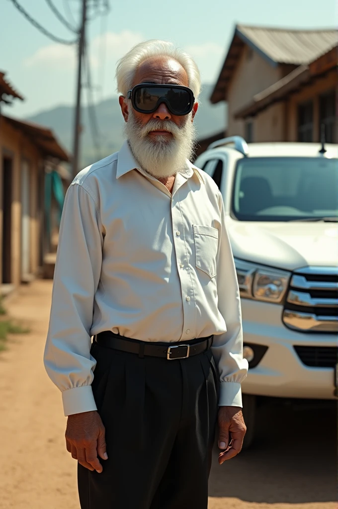 A young man with white beard, black goggles, in white shirt black pant, with fortuner car, on village road