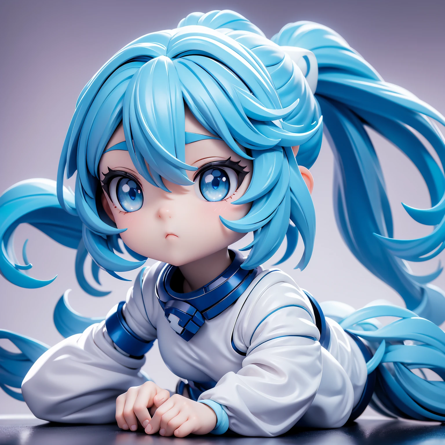 Future Girl, whole body、 white skin, Blue colored eyes, space, blue hair, high knot ponytail, Dark Skin, 未来的なspace、Kneel
