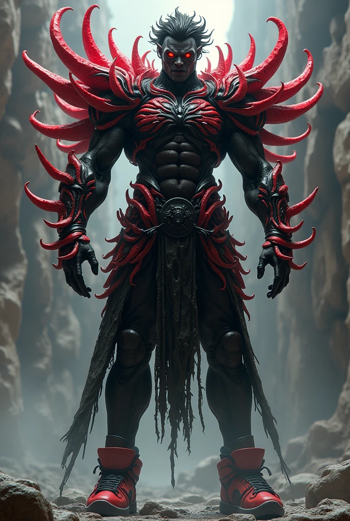 One body is full of black and red domineering armor,The clothes burst,Expose muscles,Countless tentacles stick out from the back,Tall, mighty and domineering,The pupils turn red,The whites of the eyes turn black,Black skin,Humanity,male people,chineseidol,The muscles are full,Age 18,height 190cm,Handsome,Wear red sneakers,white legwear,Black short sleeves,red long sleeve,Evil laughter,The hairstyle is a small airplane head