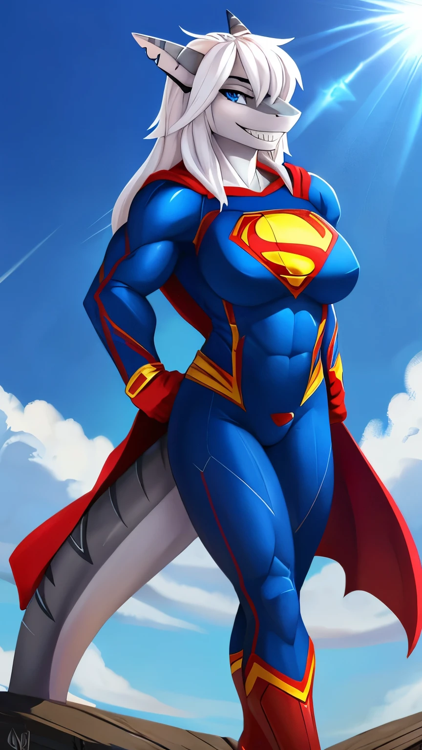 High resolution, masterpiece, high resolution texture, beautiful light, correct anatomy, (masterpiece, 4k resolution), solo, anthro, (shark: 1.1), (grey skin: 1.2), white jaw, white midlong hair, ((mauve eyes)), (detailed blue eyes), (refined and detailed eyes), (masterwork high resolution), shark tail, correct shark tail, breasts, clothed, curvy figure:0.8, female, athletic, strong, mighty, (hyper muscular: 1.3), grinnin, shark teeth, high quality, masterpiece, snout, shark snout, tomboy, by ckewddrip, posing for viewer, flexes bicep, sensual, slightly suggestive, (wearing very detailed superman suit: 1.3), fullbody suit, red long cape, red boots, red trunks, stands in front of viewer, arm flexed, bicep bulged, fullbody, anim style