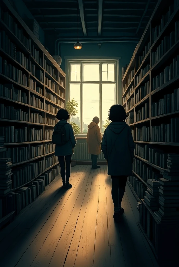 Looking through a shop window into a small bookstore. panoramic windows. dim lighting . Comic manga style , Ghibli . tag