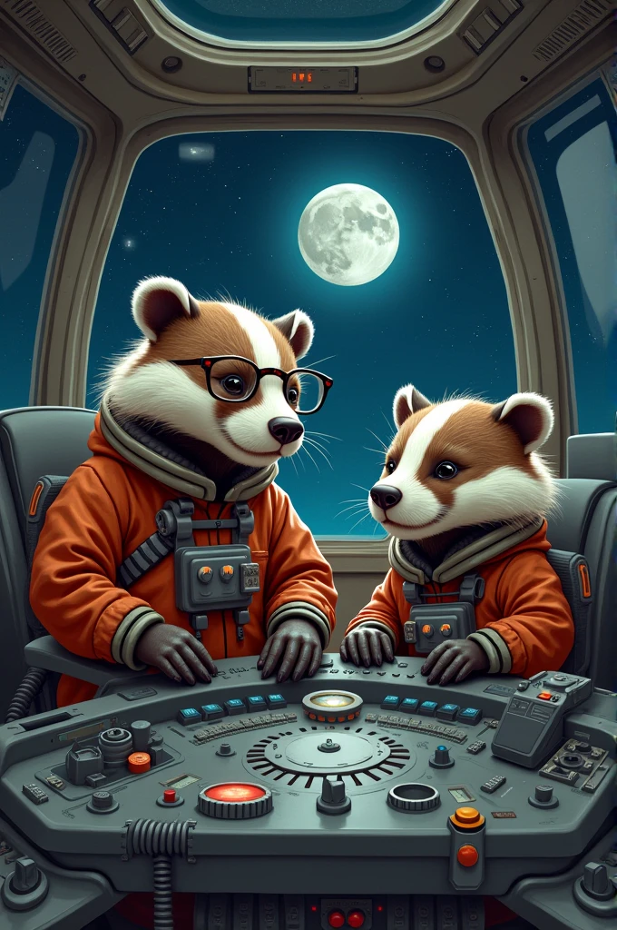 2 blaireaux qui sont aux commandes d'une navette spatiale en direction de la lune. Il y en a un avec des lunettes et une barbe, l'autre qui est plus féminine