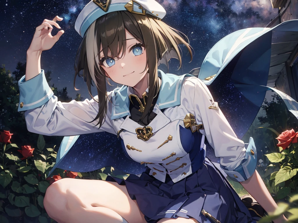 Alone、alone、One human girl、Human Ear、(Light blue military uniform)、(  light blue skirt)、(mesh bangs )、smile、 forward leaning position、slouch、Kneeling、Focus on the chest、 rose garden、 starry sky 、 Hi-Res, masterpiece, accurate,  anatomically correct,  won numerous awards,  best quality,  textured skin