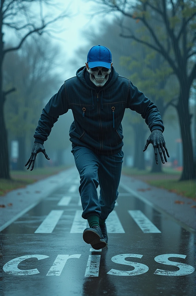 A man in calisthenics with a skeleton face wearing a blue cap who says CRISS making stripes on a rainy day in a recreational park on a blue day