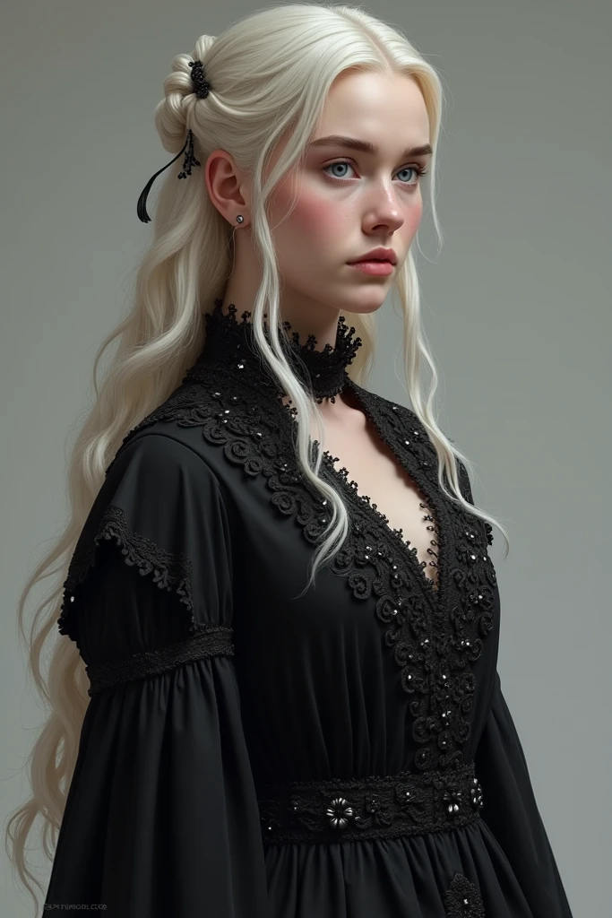 Viserra Targaryen " platinum blonde hair and violet eyes ", being played by the actress , Young Valentina Zenere . Wearing a black Byzantine dress with black flowers embroidered on the skirt, her facial expression is sad . " book Fire and Blood "