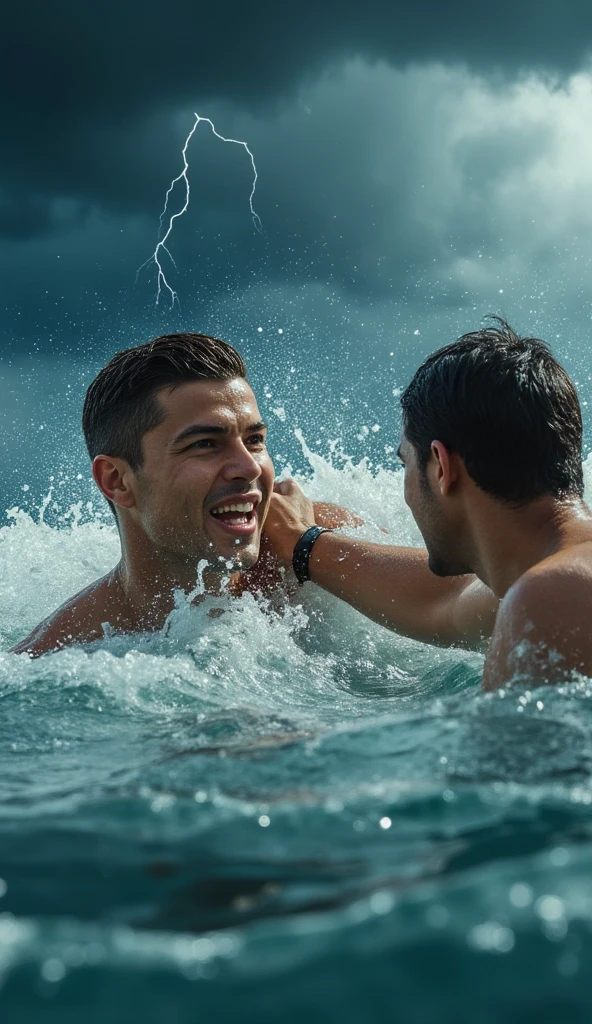Image of one man drowning another man's mouth with river water