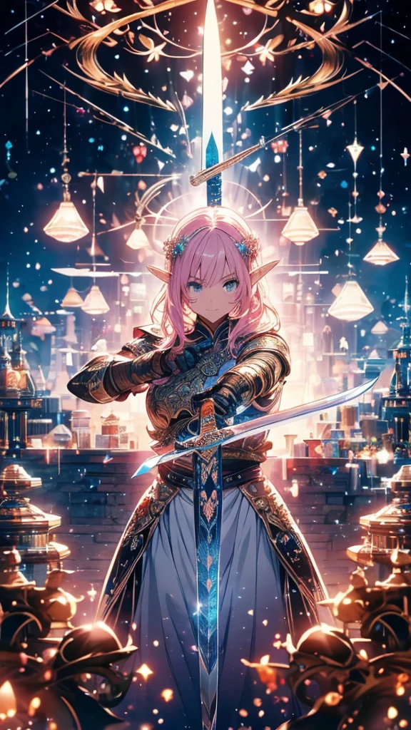 masterpiece、( best quality:1.5),  super quality , 32K, (4D:1.5)、3d、braek,(((Holding a weapon in hand, gripping sword)))、aiming a sword at side、with shining in pink lines were shiny and luminous、with a lightning pattern、fantasy art style、 Very Detailed ArtGerm 、壮大なfantasy art style、Charming Elven Princess Knight、 Anime Fantasy Illustrations 、 Anime Fantasy Artwork 、壮大なfantasy art style HD、 detailed digital animation art、artgerm and rossdraws、 rossworthy digital painting 、 Epic Fantasy Digital Art Style