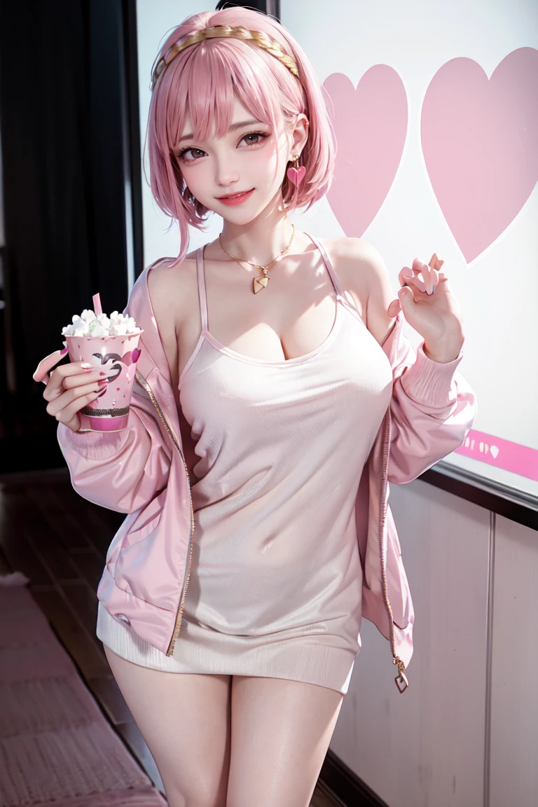She has brown eyes and pale skin , Golden Hair, She has some pink hair dye , She wears two different outfits , Her first set is long-sleeved , a grey and pink jacket , She also wears a pink ruby-fringed dress in the 1950s style , heart-shaped pink socks with pink polka dots and pink and black zip-up shoes on her feet. Her second outfit appears to be an open back top and black trousers , Her eyeshadow is white eyeshadow on top ,Black eyeshadow below , She also brought her own popcorn and drinks and 3D glasses And other accessories , For example, a necklace with a broken heart-shaped lock card and gold earrings . spark; [shine