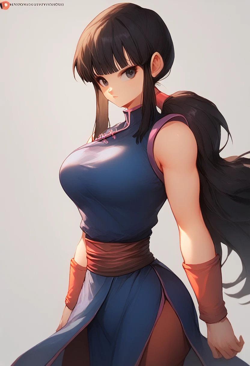 chi-chi, 1girl, solo, long hair, breasts, bangs, black hair, bare shoulders, standing, sleeveless, black eyes, sleeveless dress, blue dress, Chinese clothes, red wristband, straight hair, web address, arms at sides, red sash, red pants, arm at side, hair down, big ass, big boobs, 