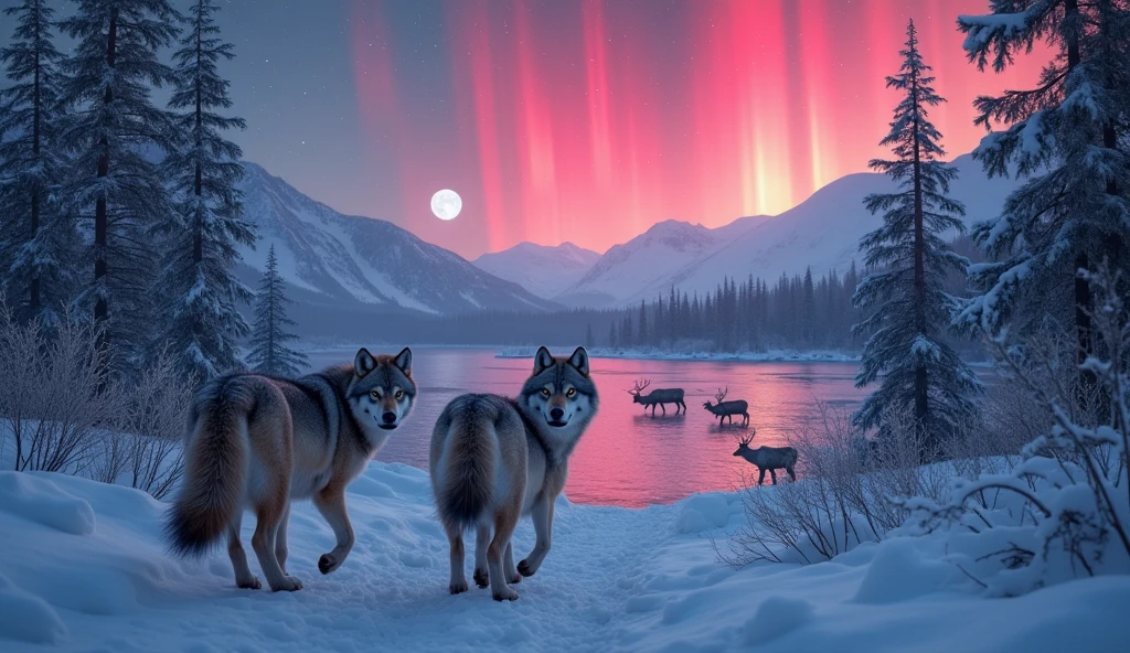 Denali national park winter 2 wolves walking towards camera red northern lights lake caribou